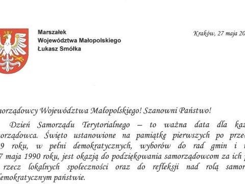 List Łukasza Smółki Marszałka Województwa Małopolskiego z okazji Dnia Samorządu Terytorialnego