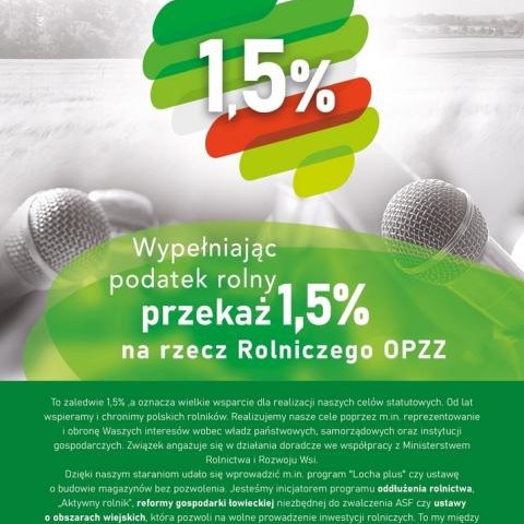 Zbliżaja się terminie 15.11.2025 składania deklaracji dotyczących przekazania 1,5% podatku rolnego