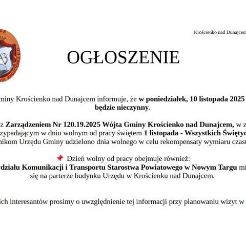 Urząd Gminy Krościenko nad Dunajcem nieczynny w dniu 10 listopada 2025 r.