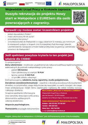 Ruszyła rekrutacja do projektu Nowy start w Małopolsce z EURESem dla osób powracających z zagranicy.